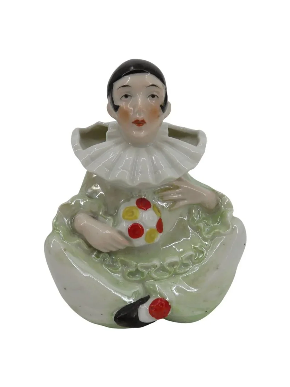 VTG Pierrot Clown Porcelain Double Opening Vase Green Red Yellow Iridescent MCM